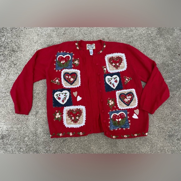 Heirloom Collectibles Sweaters - Vintage Heirloom Collectables Sweater Cardigan Red Valentine Hearts XL